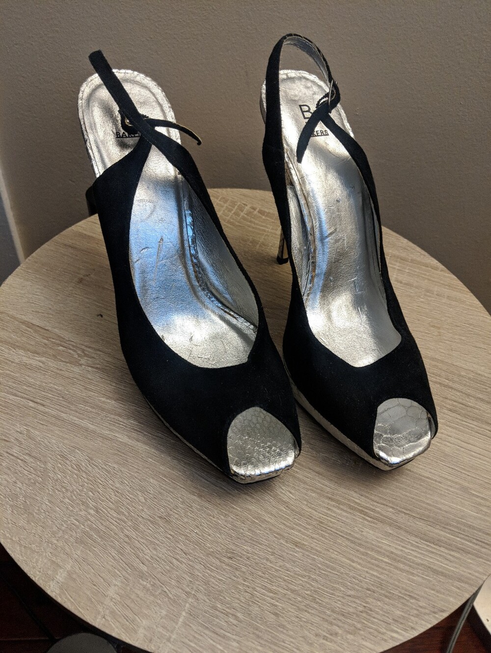 Black Suede Slingback Peep-Toe Heels with Snake-Print Accents